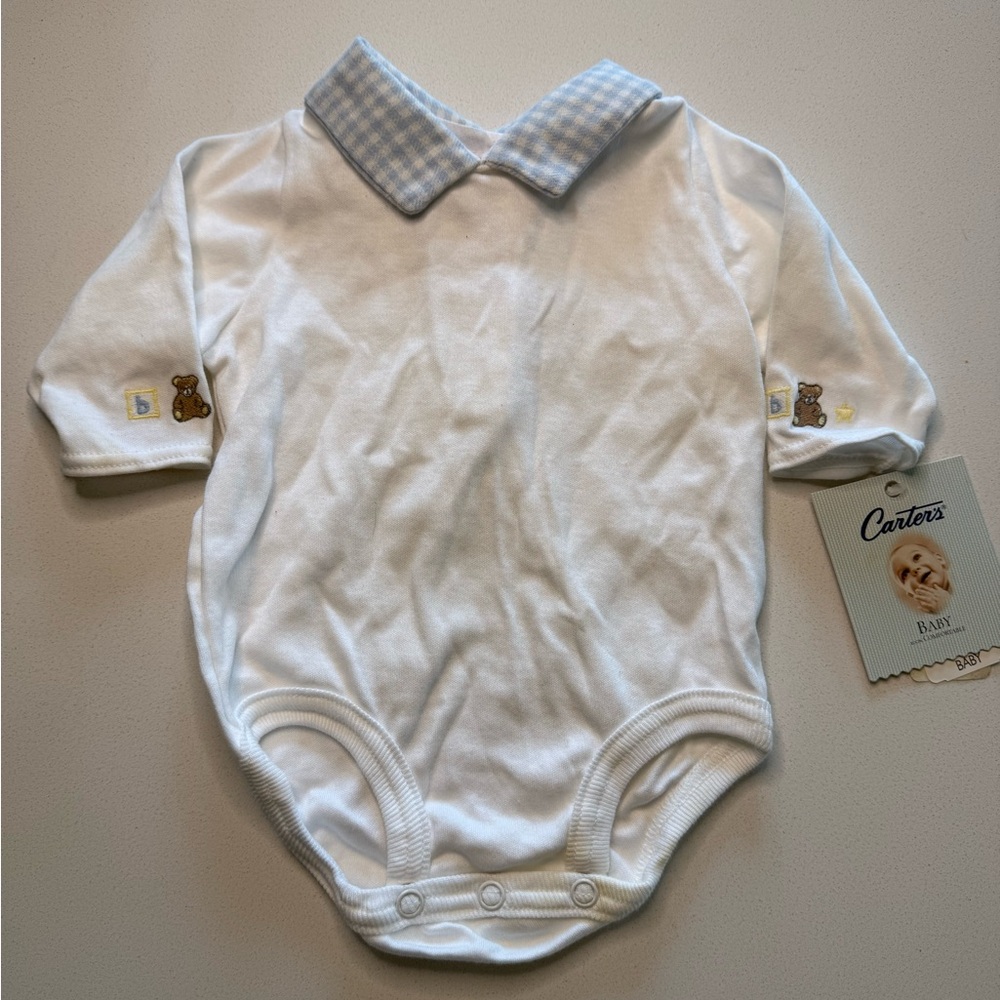 VTG Carter's Deadstock Collared Onesie - Blue Gingham & Embroidered Bear - 0-3M‎